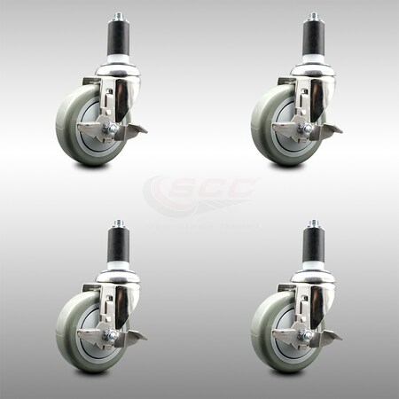 Service Caster 4 Inch 316SS Gray Poly Swivel 1-3/8 Inch Expanding Stem Caster Set Brake SCC SCC-SS316EX20S414-PPUB-TLB-138-4